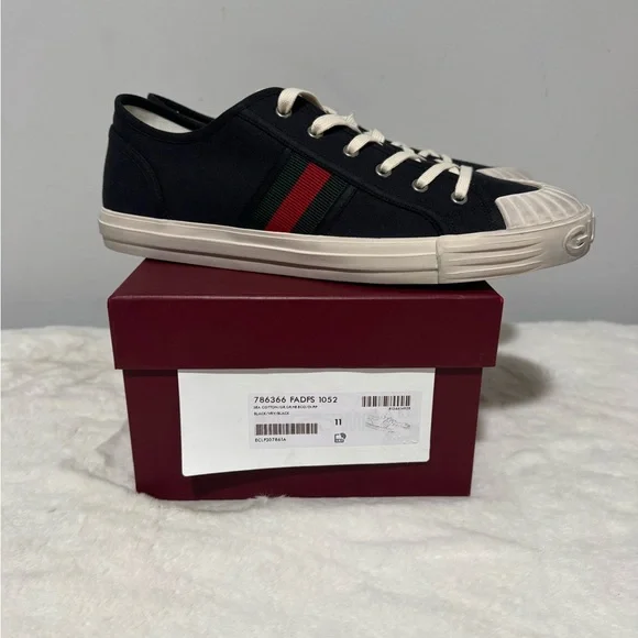 Gucci Black Canvas Sneakers with Red and Green Accents